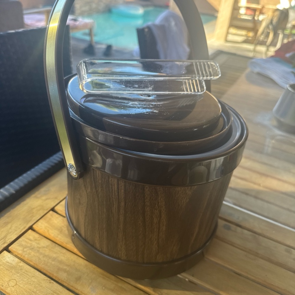 Vintage kromex Brown Faux Wood Ice Bucket with Gold Handle